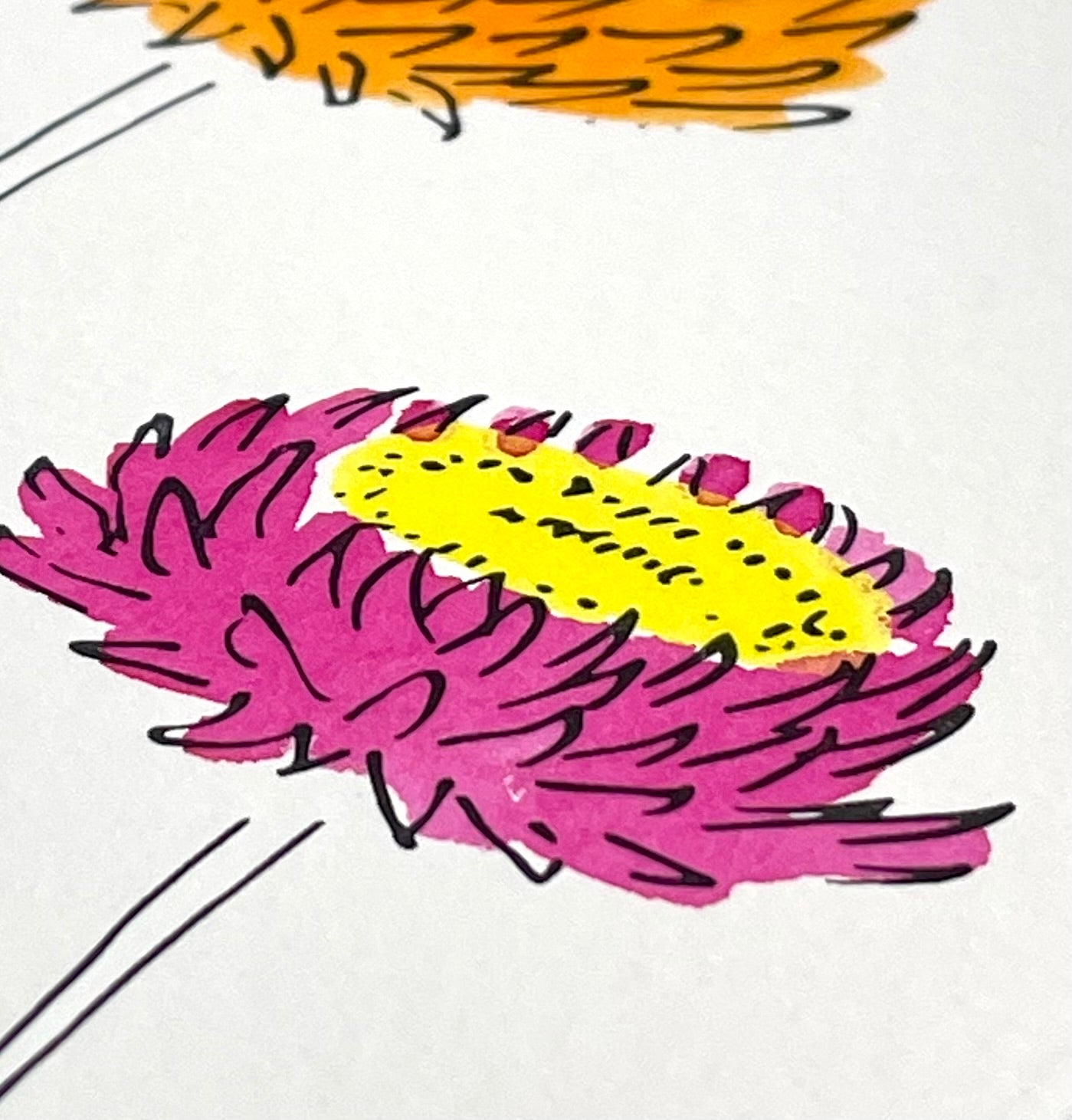 hand-painted greetings card of three flowers in yellow, orange and fuschia, close-up, by Scribble and Daub