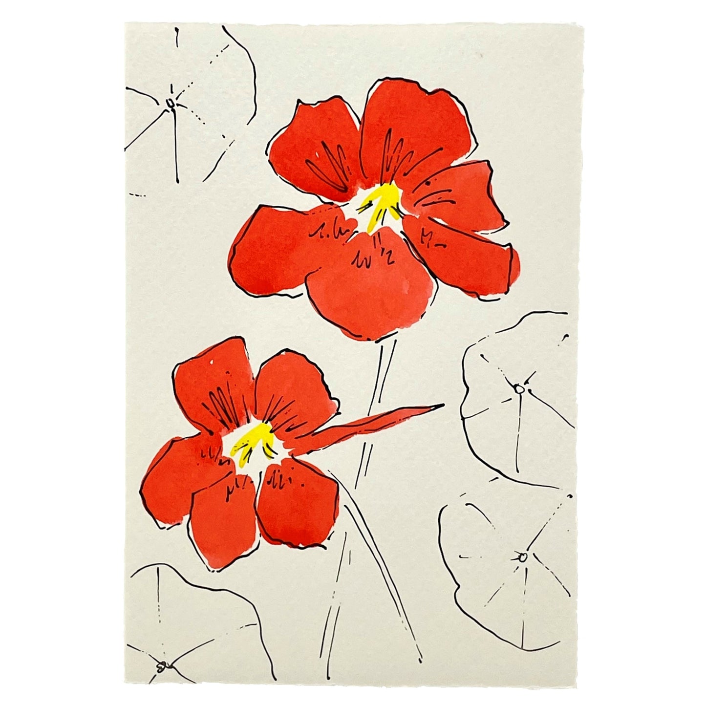 hand-painted greetings card of two red nasturtium flowers, by Scribble and Daub