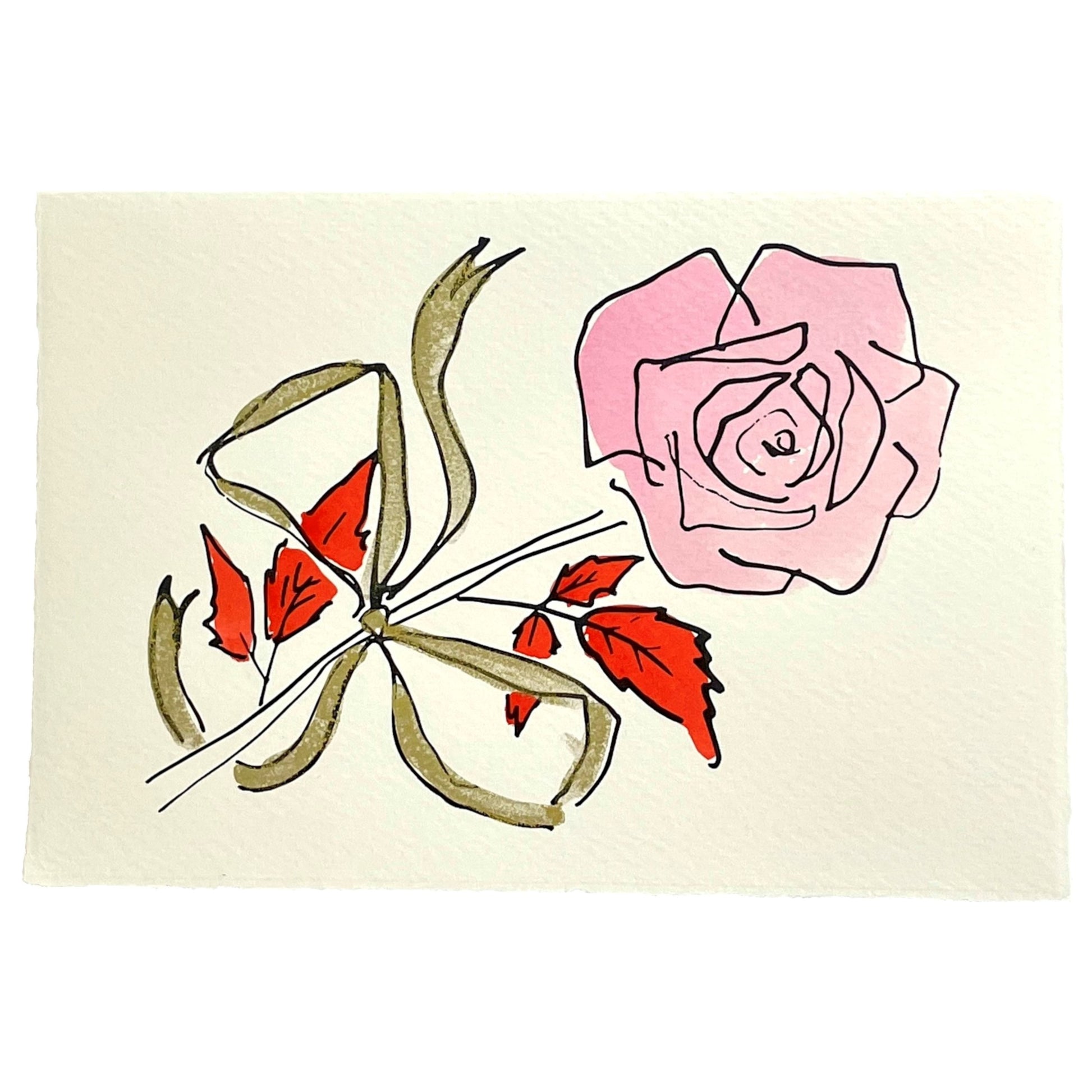hand-painted greetings card of a pink rose tied with a gold ribbon, by Scribble and Daub