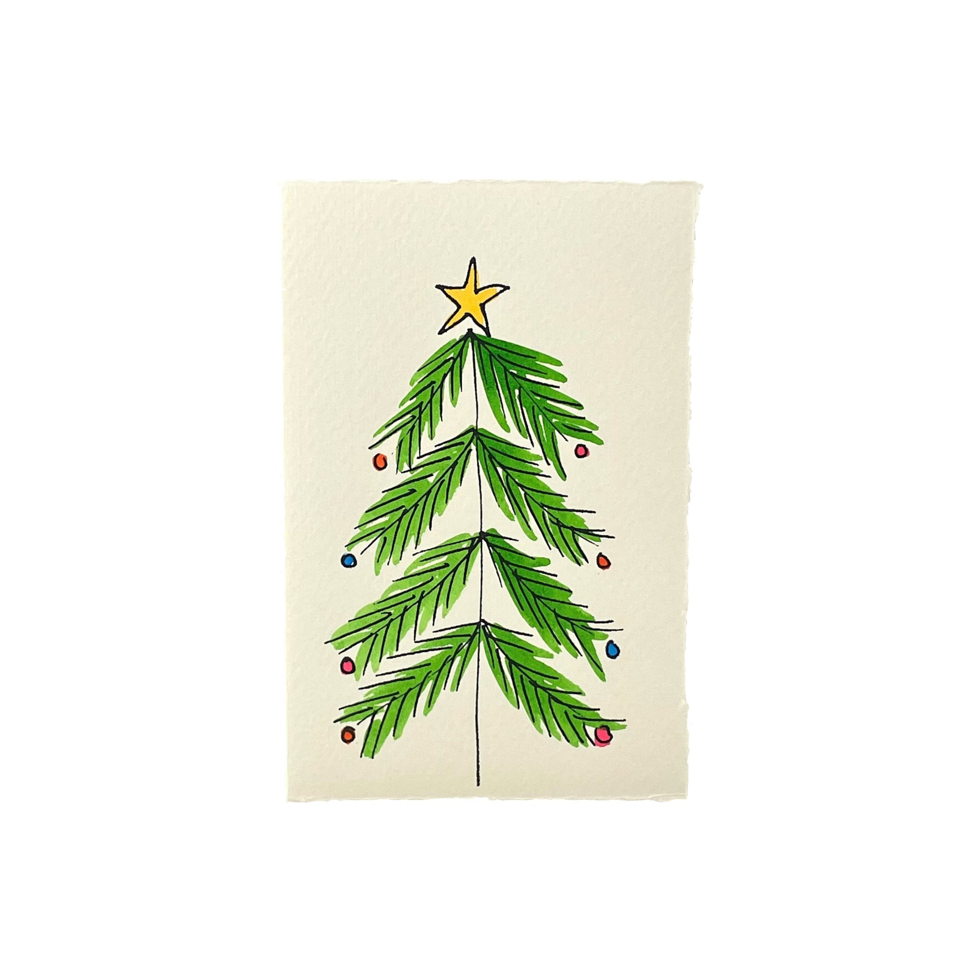 hand-painted greetings card of a christmas tree, by Scribble and Daub