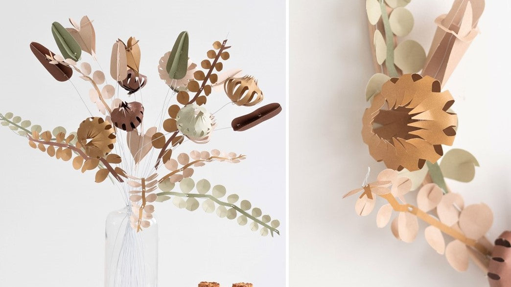 Image of a vase of paper flowers in tones of browns and greens by Julianne Matter