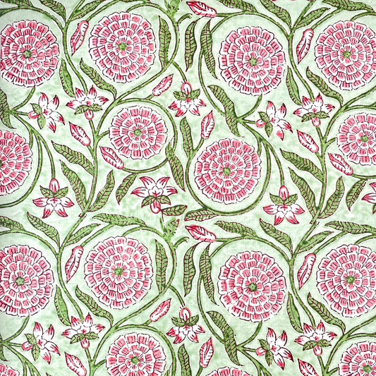 Image of a hand block printed patterned paper with a botanical repeat pattern in pink and green