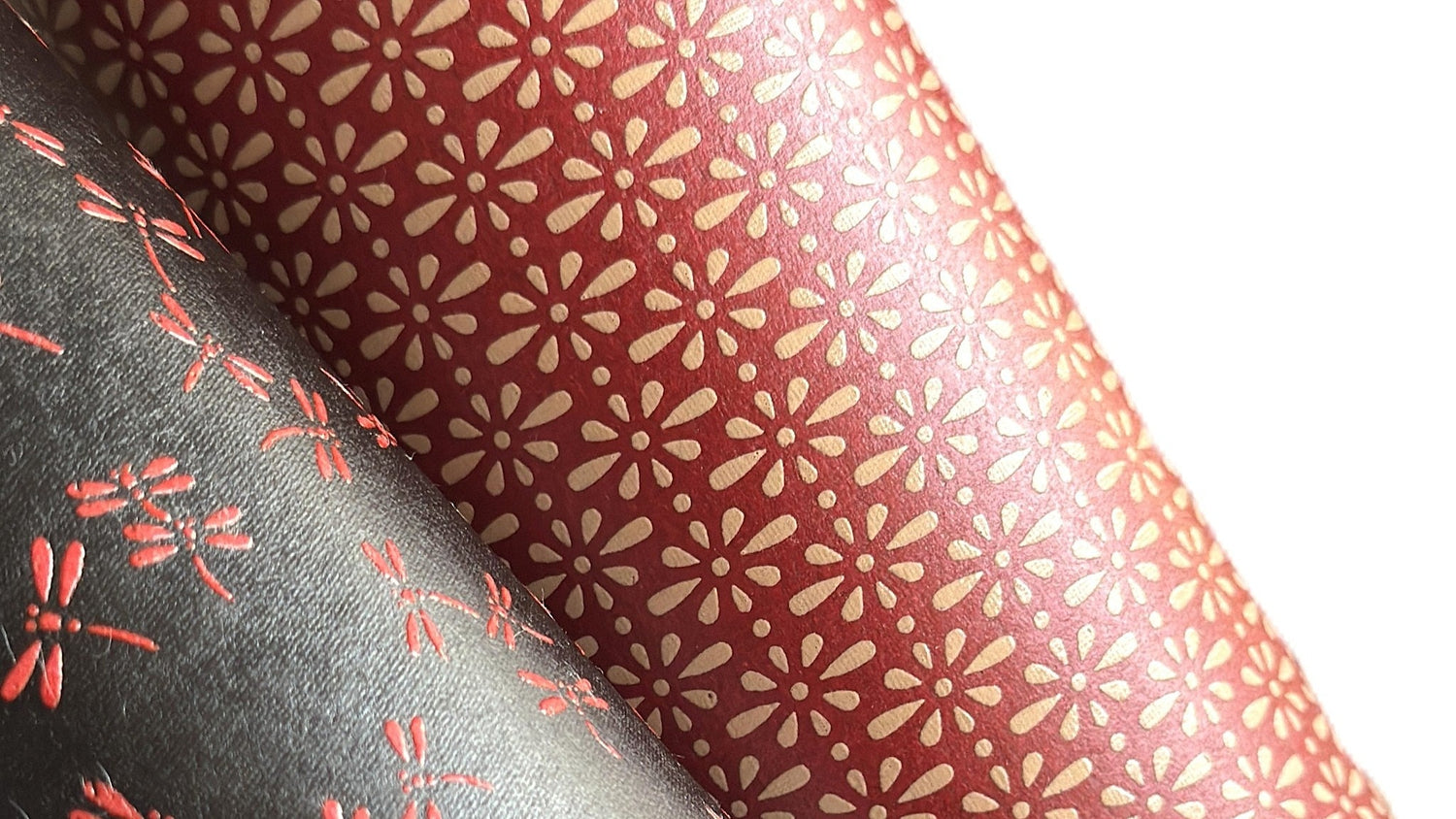 Japanese lacquered yuzen papers in red, black and cream