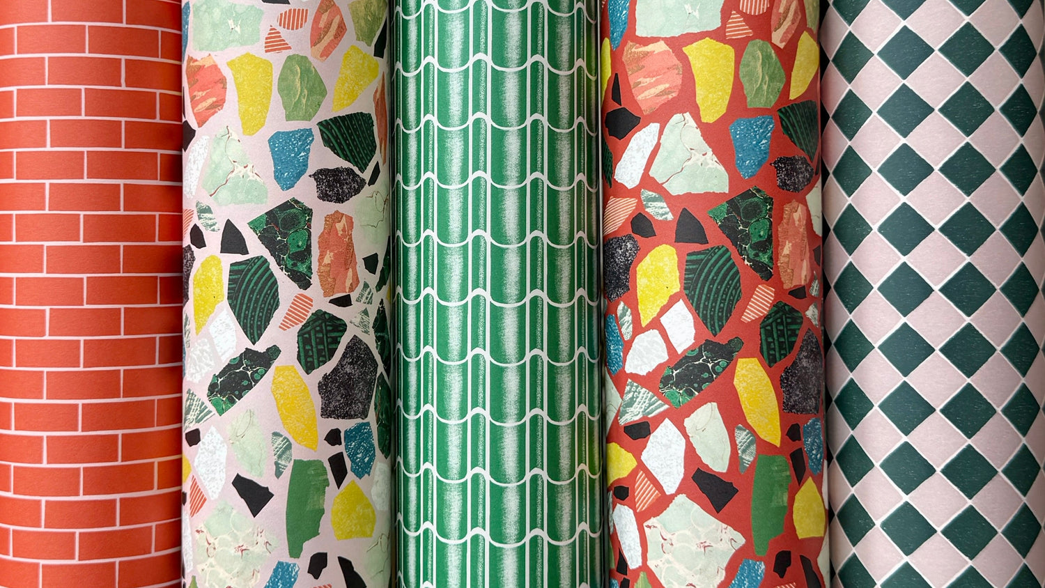 rolls of patterned wrapping paper 