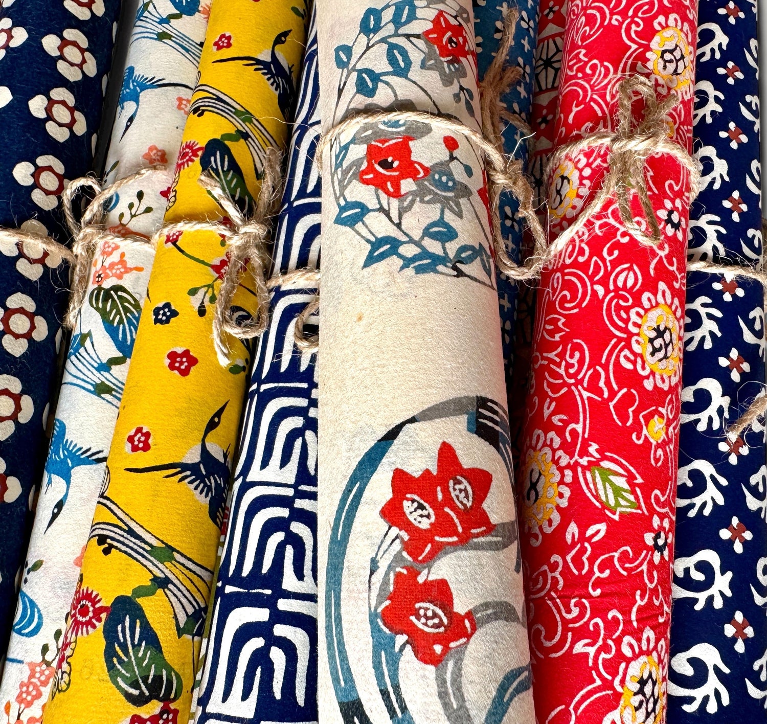 rolls of colourful japanese stencil-dyed papers