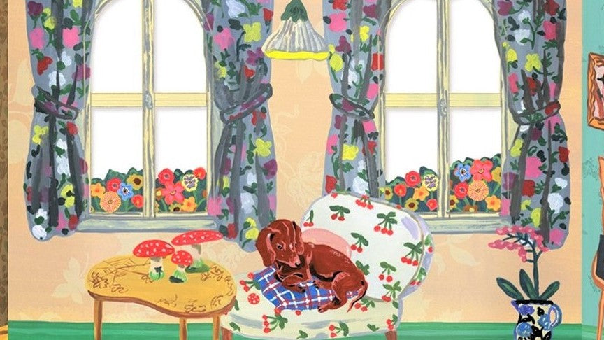 picture of a papercraft kit of a dog in a colourful lounge