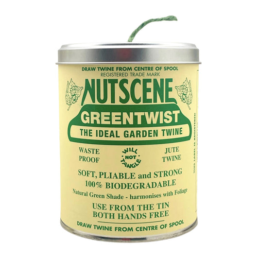 A tin of green twist jute twine by Nutscene
