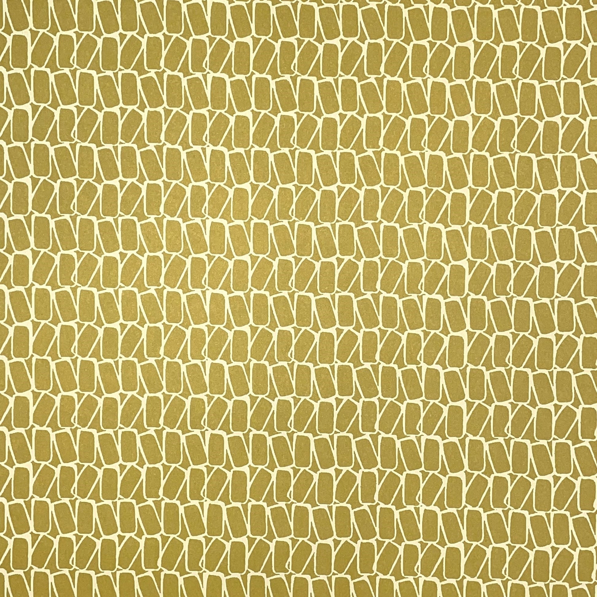 wrapping paper by Anne Davison Studio. Creamy domino outlined shapes on a mustard background.