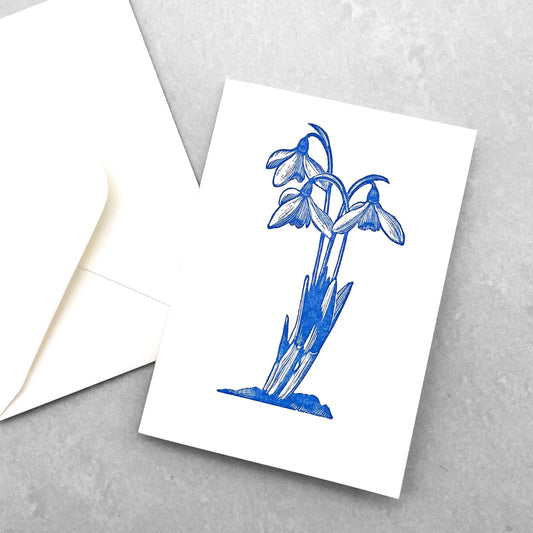 small greetings card of three blue snowdrops, by Archivist Gallery