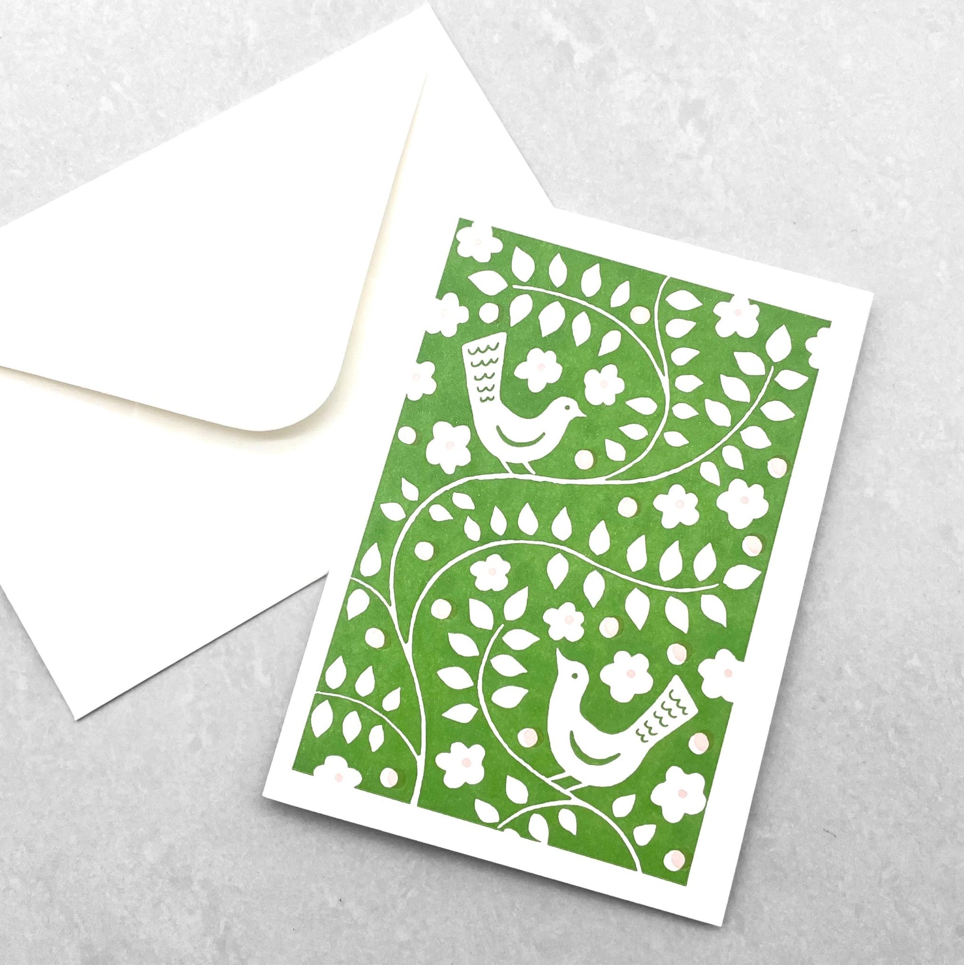 small greetings card with green bird and flowers design by Archivist Gallery