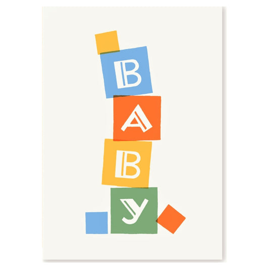 New baby greetings card with a pile of multicolour baby blocks, by Ariana Martin