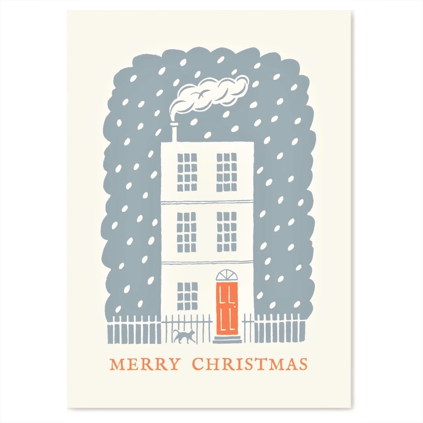 Greetings card of a white house, with an orange door in the snow.  Message reads Merry Christmas, by Ariana Martin