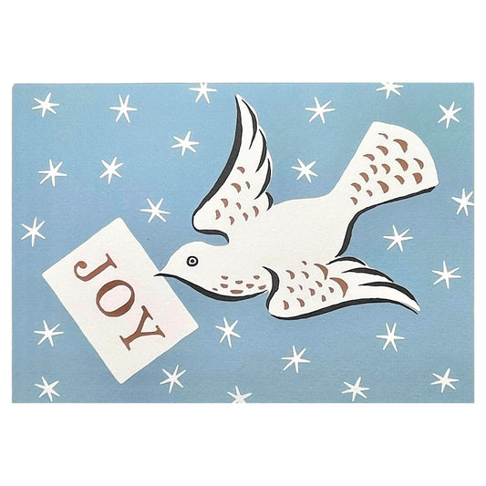 Greetings card of a dove flying in a starry sky with a message of joy, by Ariana Martin 