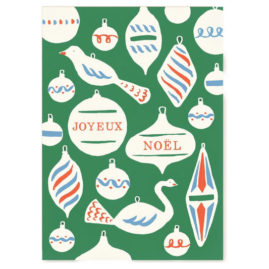 Greetings card with baubles and decorations and the message "Joyeux Noel" in green , white, blue and red.  Christmas card by Ariana Martin