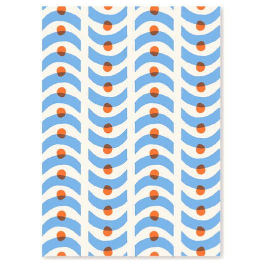 Greetings card with a geometric pattern in blue and orange on a white backdrop.  Card by Ariana Martin