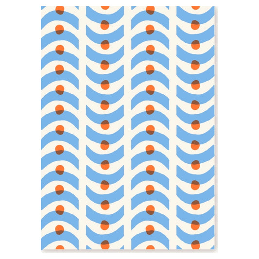 Greetings card with a geometric pattern in blue and orange on a white backdrop.  Card by Ariana Martin