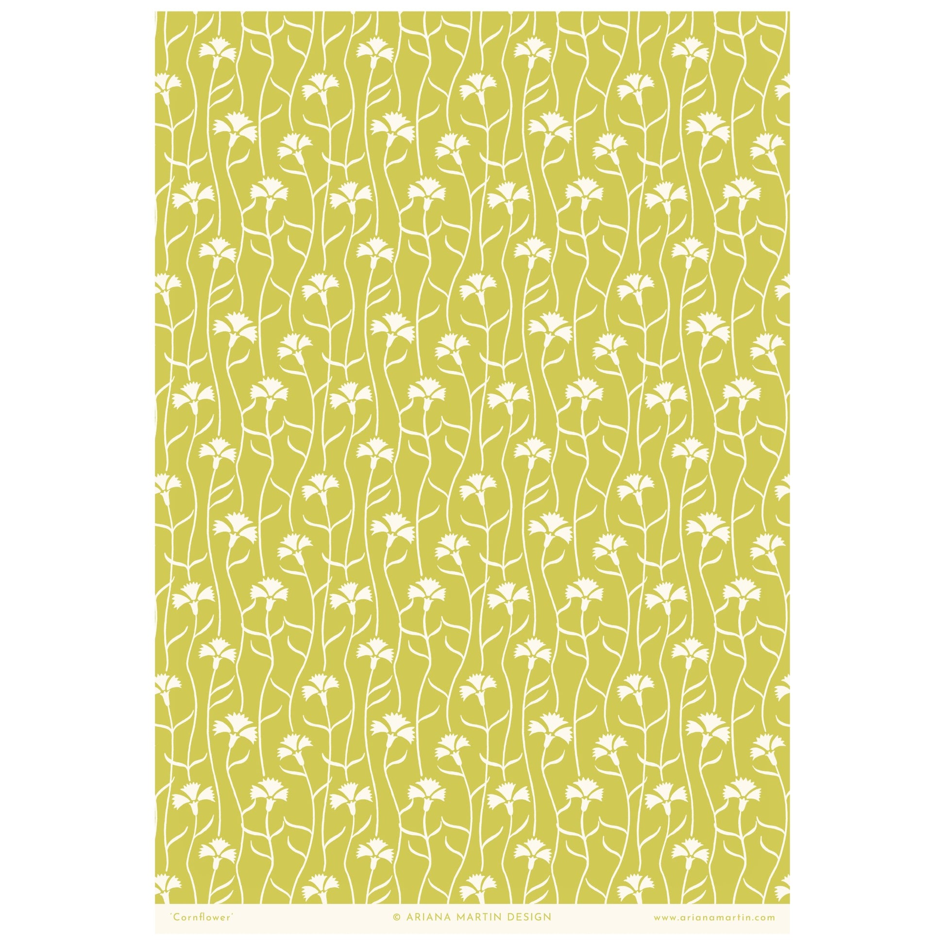 patterned paper, gift wrap with a white cornflower repeat pattern on soft lime green backdrop, by Ariana Martin, full sheet view