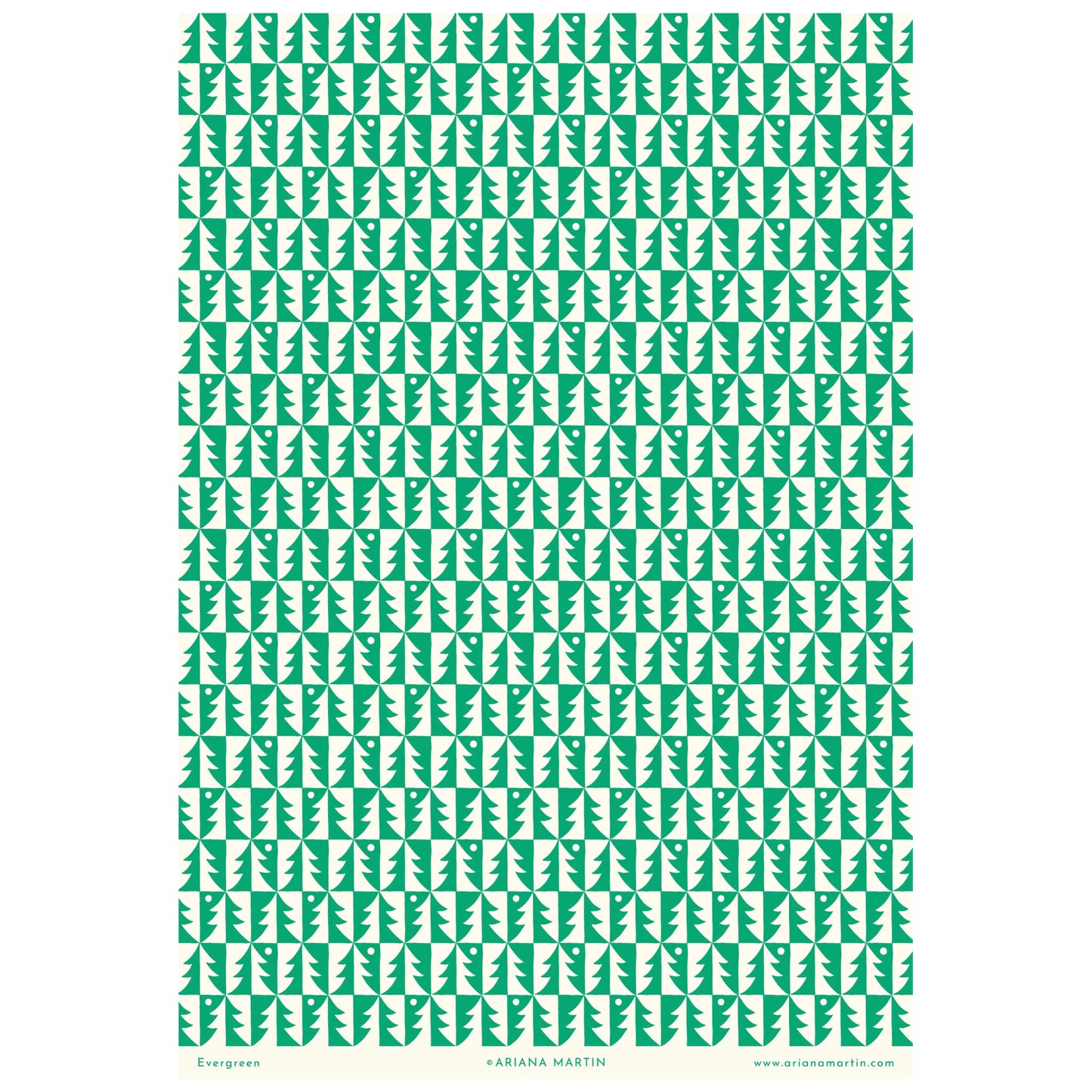 patterned paper, gift wrap, with all over pattern of green and white trees, by Ariana Martin, pictured with other papers, full sheet view