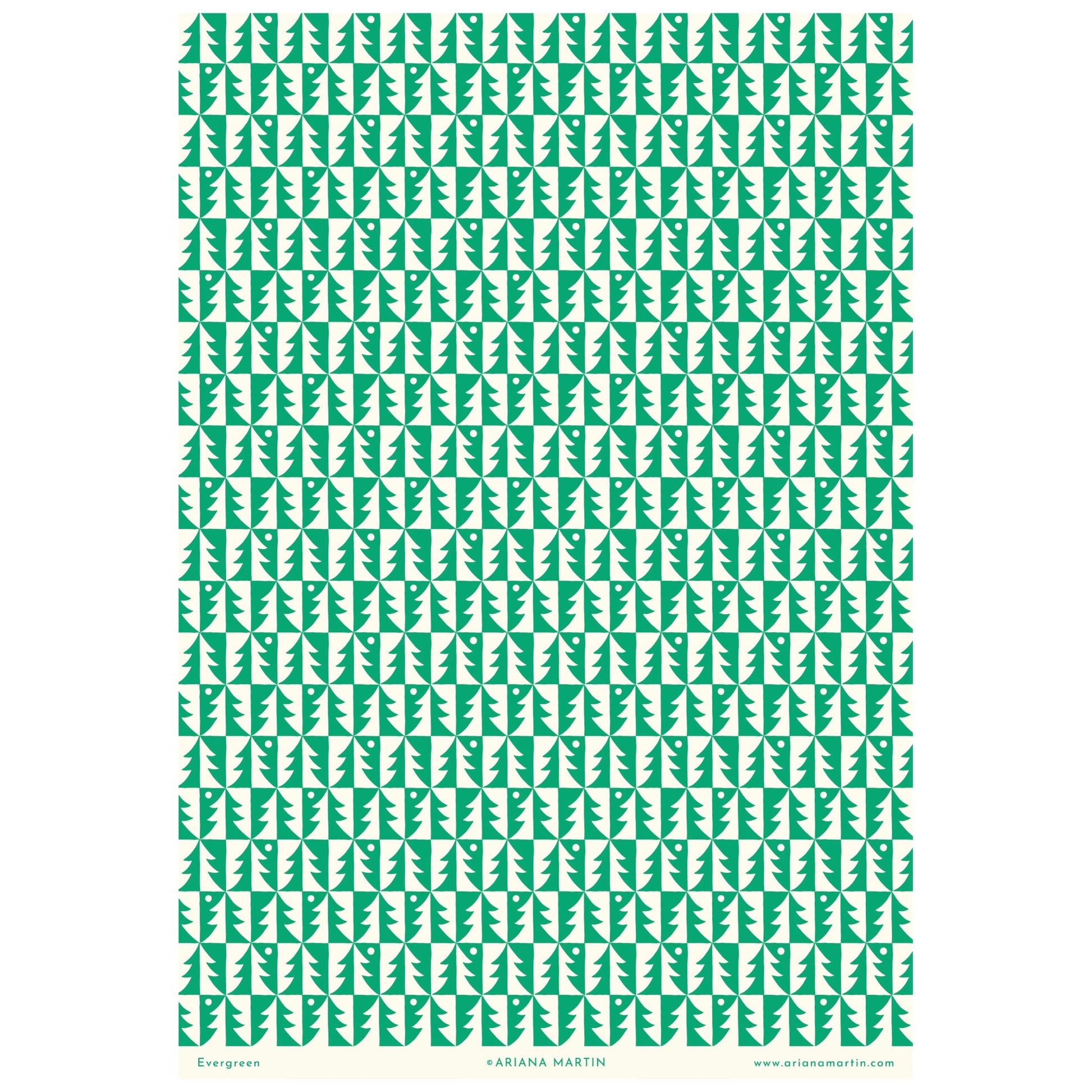 patterned paper, gift wrap, with all over pattern of green and white trees, by Ariana Martin, pictured with other papers, full sheet view