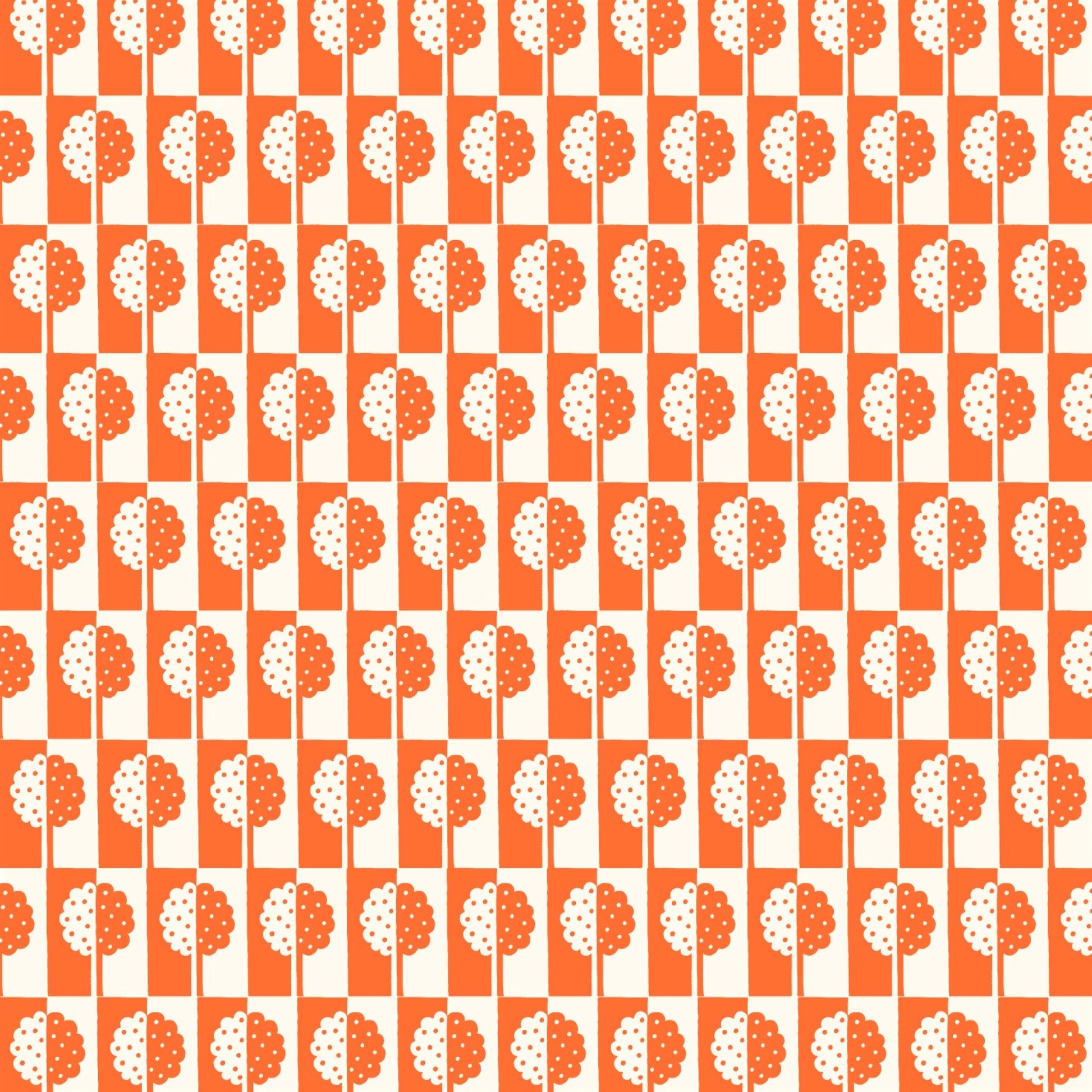 patterned paper, gift wrap, with all-over holly tree design in bright orange and white, by Ariana Martin