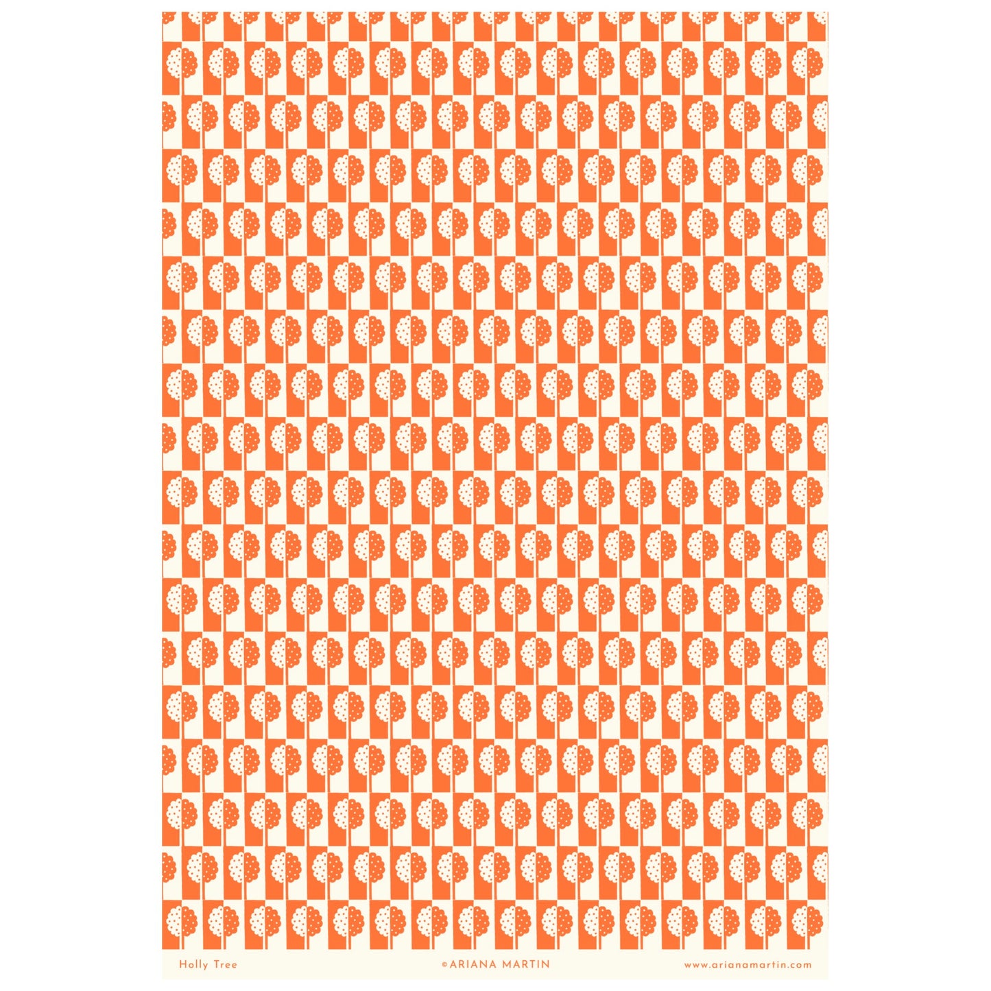 patterned paper, gift wrap, with all-over holly tree design in bright orange and white, by Ariana Martin, full sheet view
