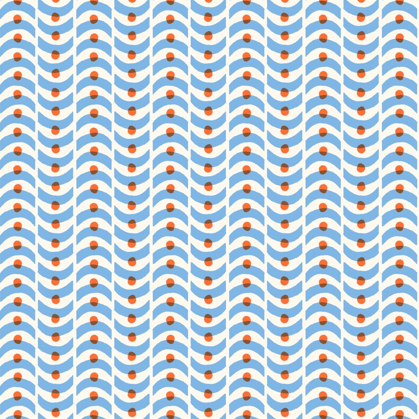 patterned paper, gift wrap with a geometric pale blue wavy pattern and orange dot. By Ariana Martin