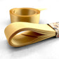 Satin ribbon 25mm wide and 5 metres long, presented with a patterned paper band. colour - honey gold