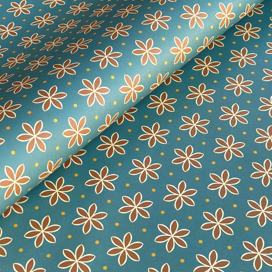 a sheet of wrapping paper with a repeat pattern of stylised brown flowers on a teal green background