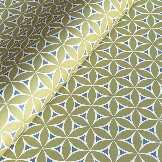 abstract wrapping paper with a geometric flower  pattern in lime green, teal blue and white