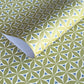 abstract wrapping paper with a geometric flower  pattern in lime green, teal blue and white