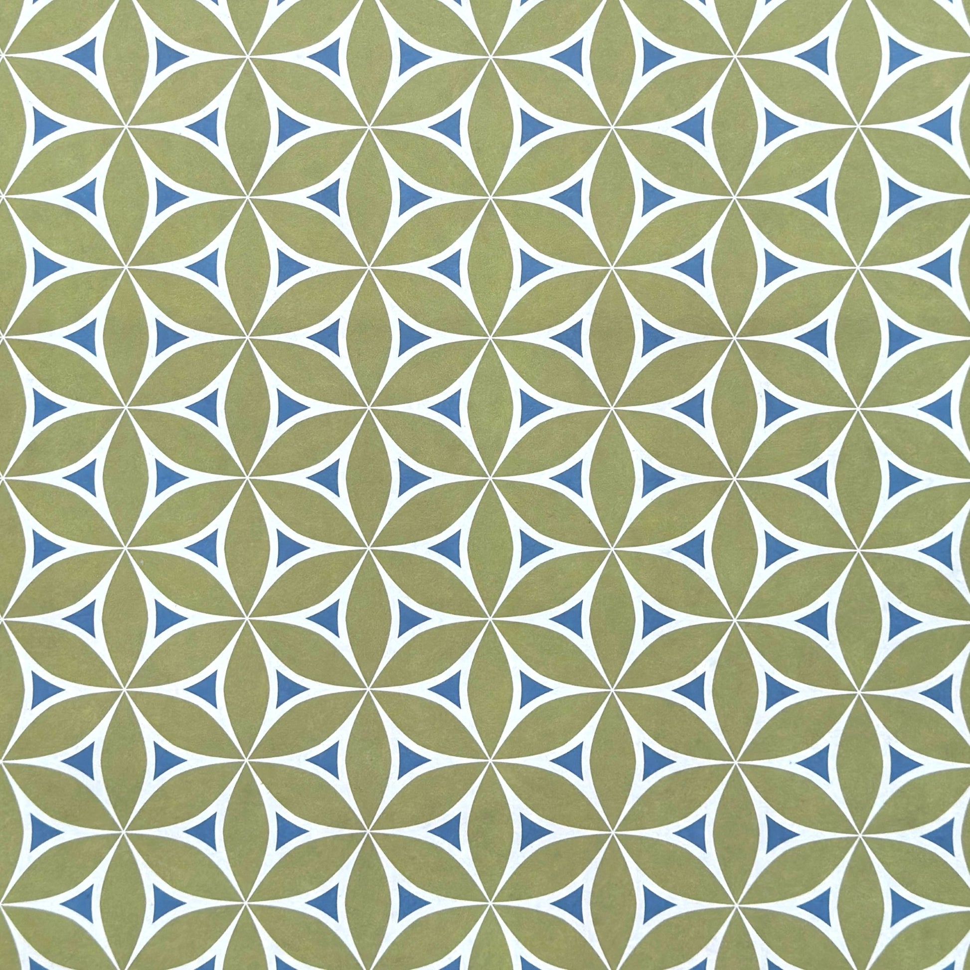 abstract wrapping paper with a geometric flower  pattern in lime green, teal blue and white
