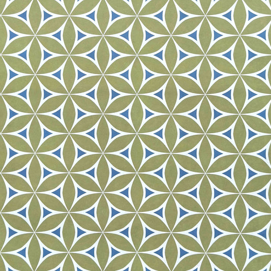 abstract wrapping paper with a geometric flower  pattern in lime green, teal blue and white