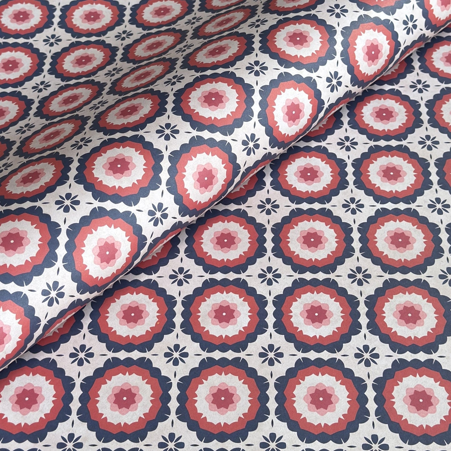 Wrapping paper with a red and blue retro geometric pattern