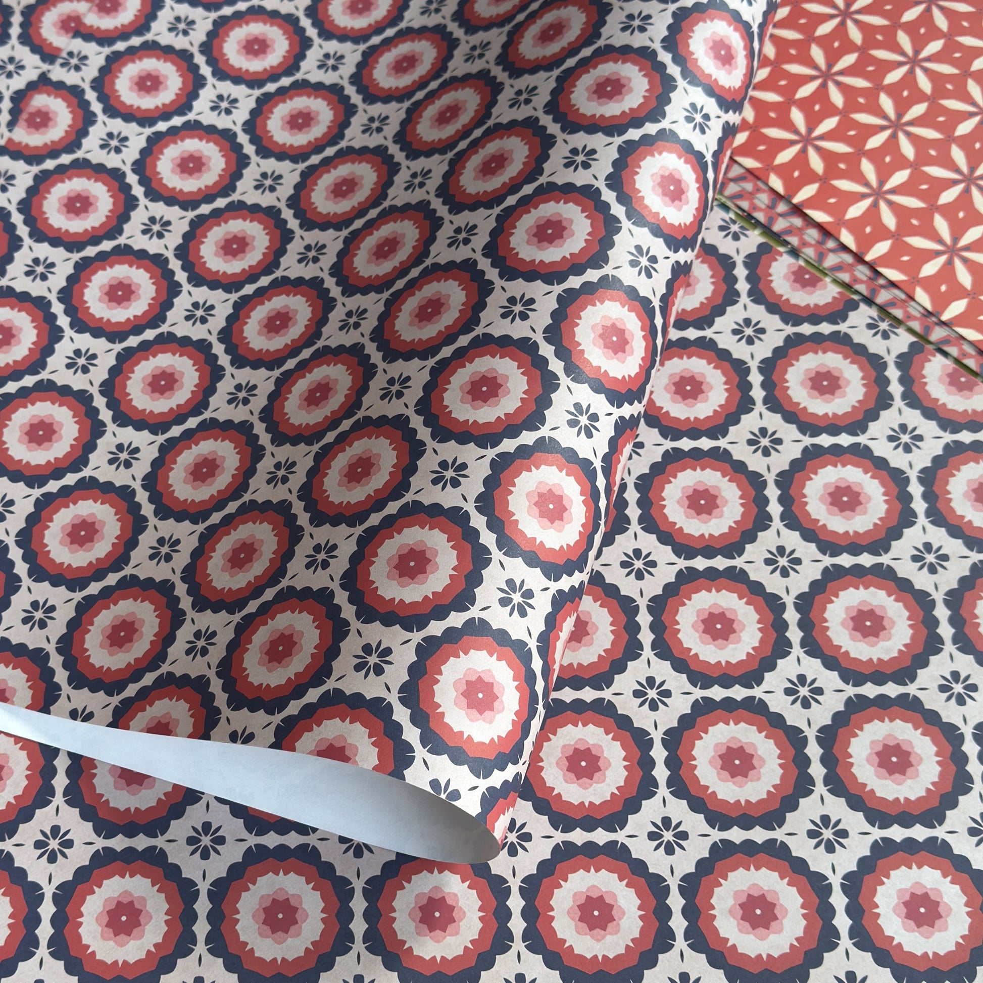 Wrapping paper with a red and blue retro geometric pattern