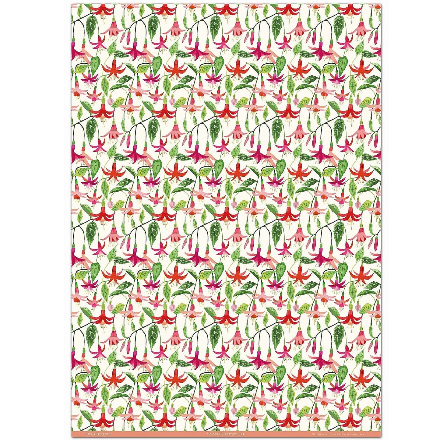 a sheet of wrapping paper with stylised pink fuchsia flowers, green leaves on a white background