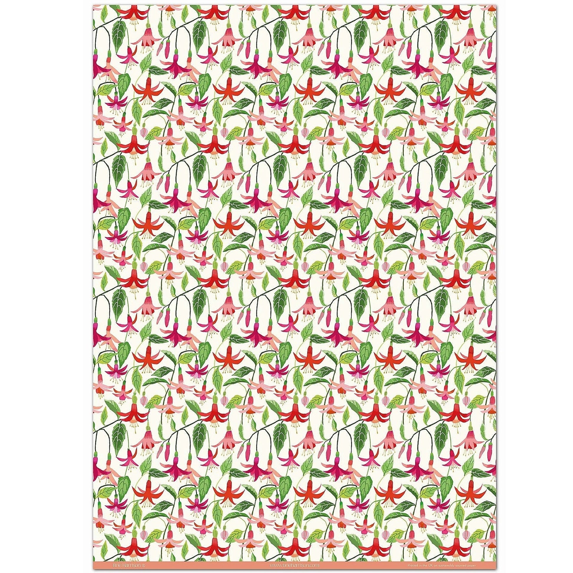 a sheet of wrapping paper with stylised pink fuchsia flowers, green leaves on a white background