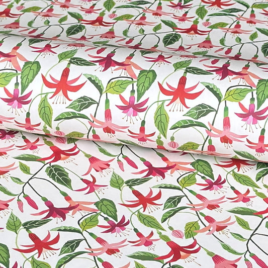 a sheet of wrapping paper with stylised pink fuchsia flowers, green leaves on a white background