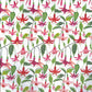 a sheet of wrapping paper with stylised pink fuchsia flowers, green leaves on a white background
