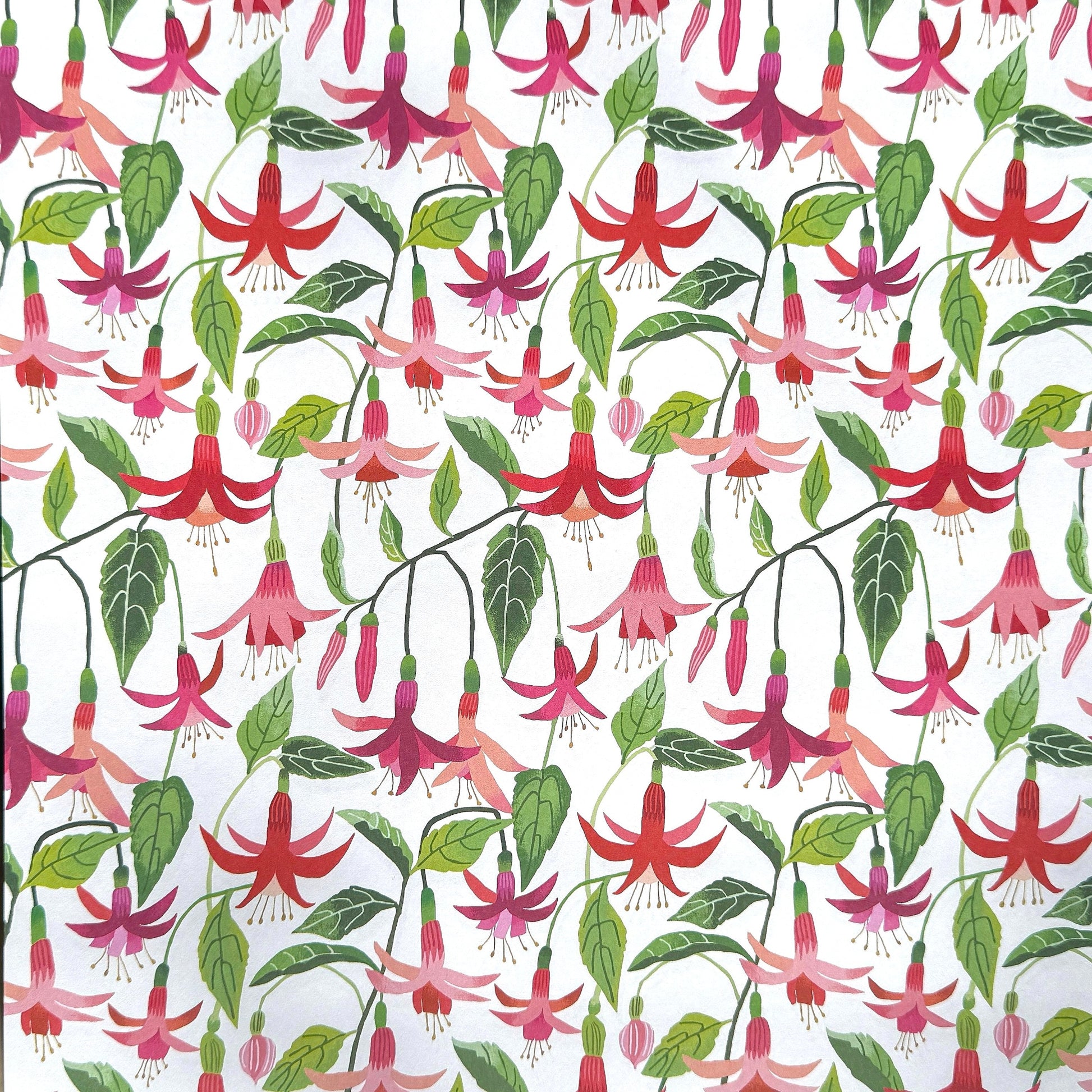 a sheet of wrapping paper with stylised pink fuchsia flowers, green leaves on a white background