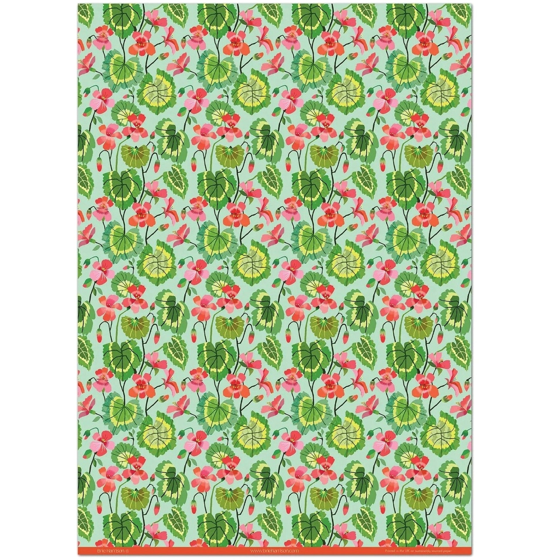 floral geranium patterned wrapping paper in pink, green and aqua.