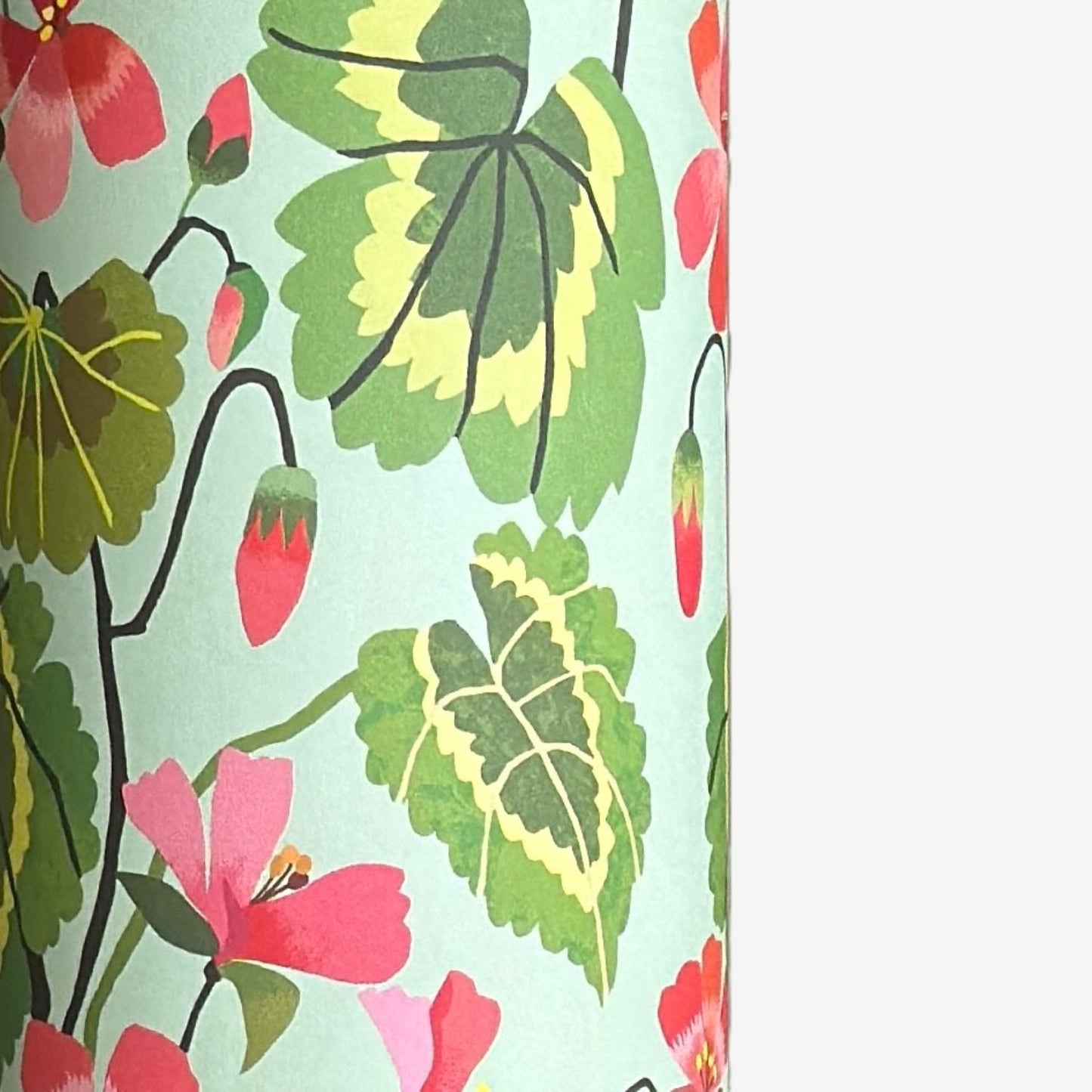 floral geranium patterned wrapping paper in pink, green and aqua.
