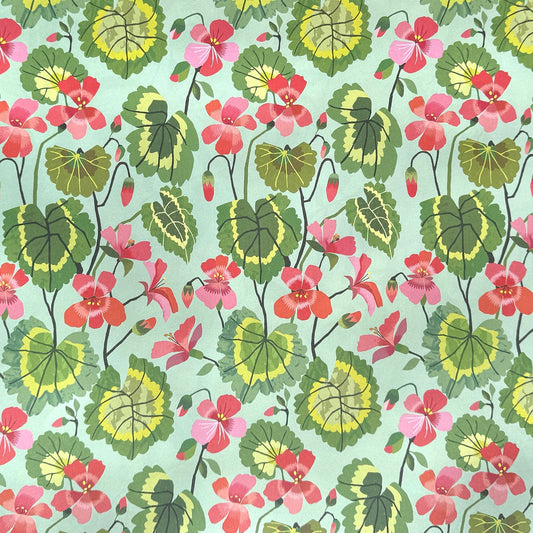 floral geranium patterned wrapping paper in pink, green and aqua. 