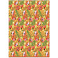 a sheet of wrapping paper with a pattern of stylised pink poppies with green foliage on an orange background
