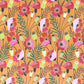 a sheet of wrapping paper with a pattern of stylised pink poppies with green foliage on an orange background