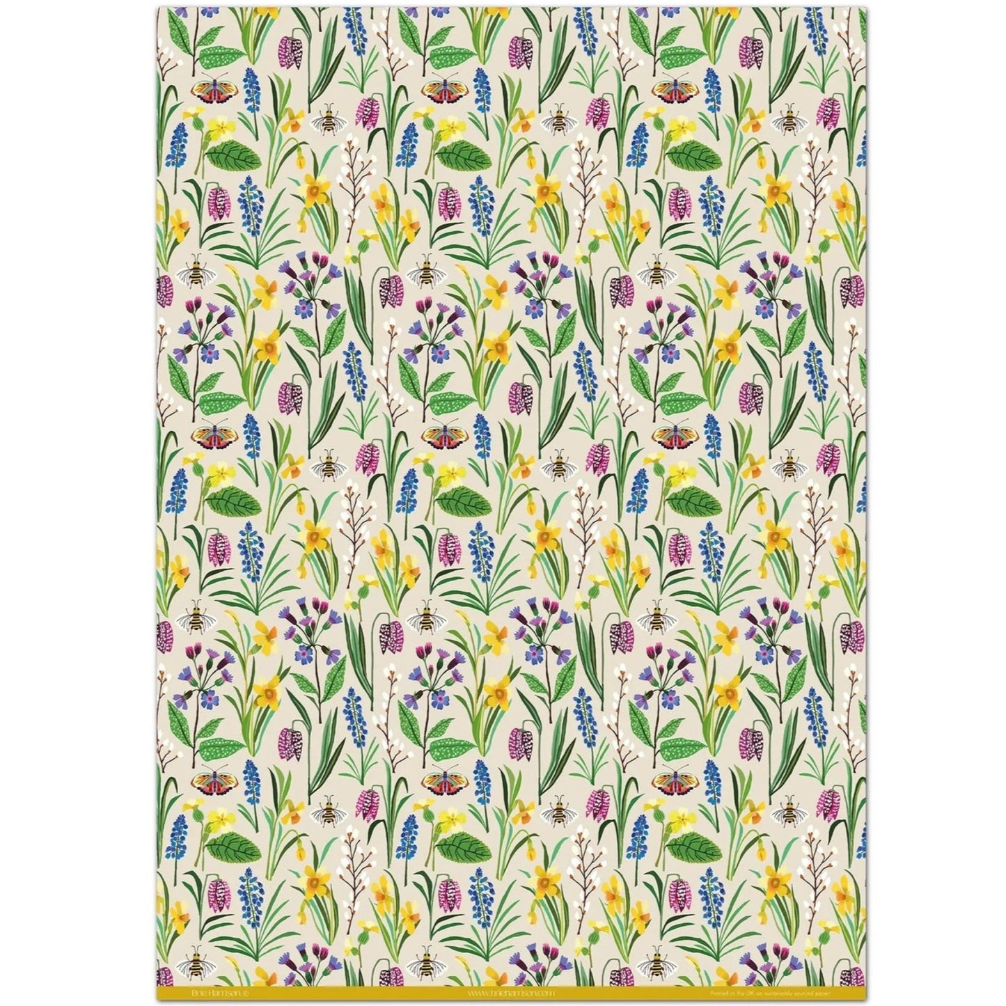 Patterned paper with colourful spring flowers and bees on a ivory background