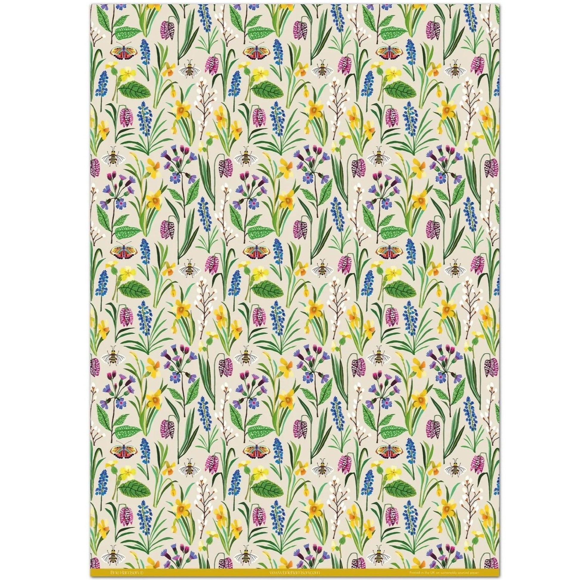 Patterned paper with colourful spring flowers and bees on a ivory background