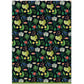  a sheet of wrapping paper with a black background and multl-colour flowers and fauna  from a woodland in bright colours