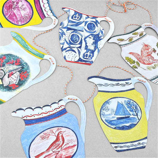 Set of 6 decorative jugs paper bunting, each jug is a different design by Canns Down Press
