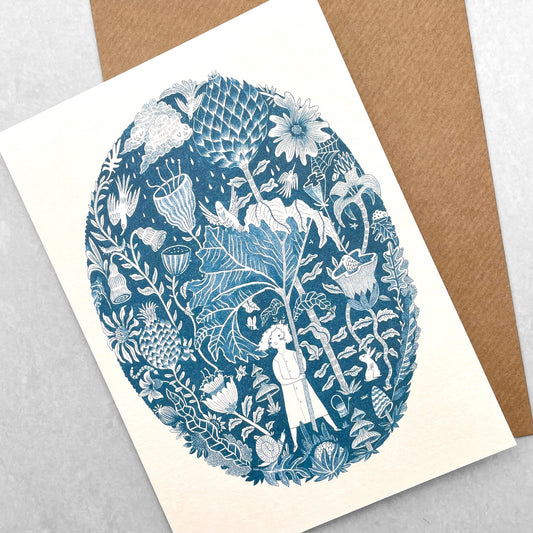 greetings card with a botanical wonderland theme in blue by Canns Down Press