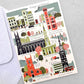 greetings card showing a drawing of the churches of east London by Canns Down Press